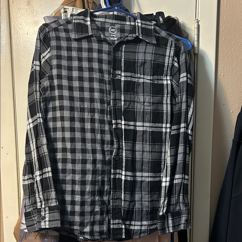 Wonder Nation Black and Gray Checkered Flannel Kids Button Down Shirt